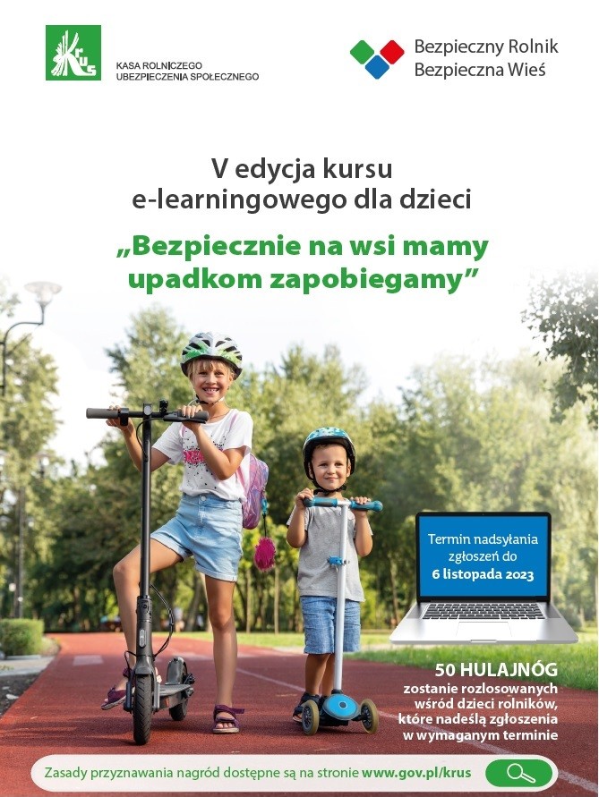 Plakat KRUS o kursie i losowaniu hulajnóg dla dzieci rolnikó